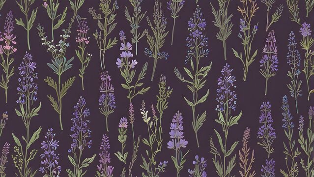 Seamless botanical pattern with hand-drawn lavender and wild herbs on a dark background, elegant floral illustration