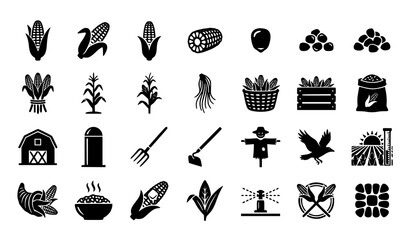 Agriculture and Corn Farming Icon Set Featuring Organic Maize Crops, Barnhouses, Harvesting Tools, Grain Silos, and Autumn Cultivation Symbols for Graphic Design Vectors © Mst Rebeka