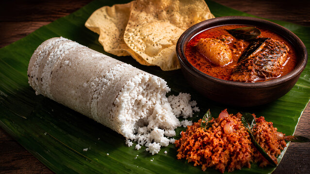Traditional Sri Lankan rice pittu served on a banana leaf with spicy fish curry, pol sambol and papadum