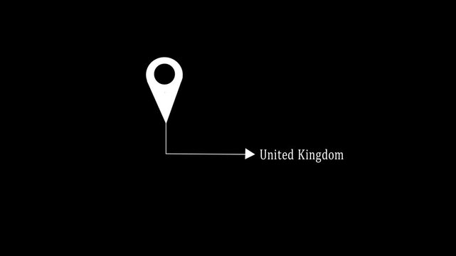  Location pin icon animation video pointing to United Kingdom  city  black background. 4k motion video
