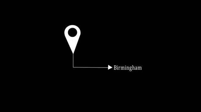 Location pin icon animation video pointing to Birmingham  city  black background. 4k motion video