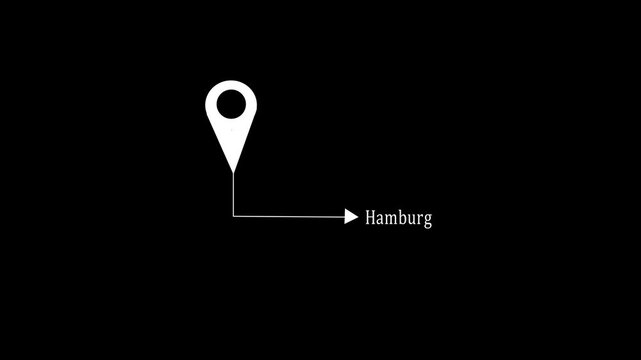  Location pin icon animation video pointing to Hamburg   city  black background. 4k motion video