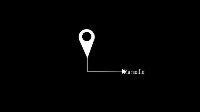  Location pin icon animation video pointing to Marseille  city  black background. 4k motion videoa