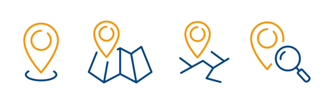 map pin icon set, outline icons of location on map, navigation,  geolocation, blue thin line symbols, editable stroke vector illustration