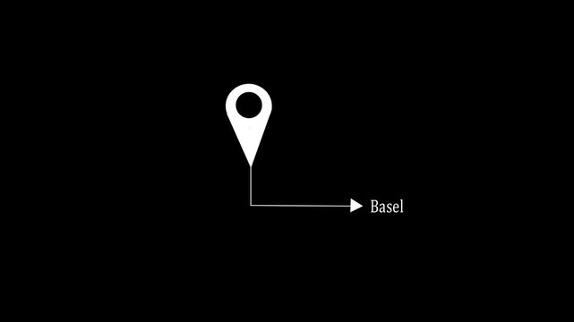 Location pin icon animation video pointing to city basel on black background. 4k motion video