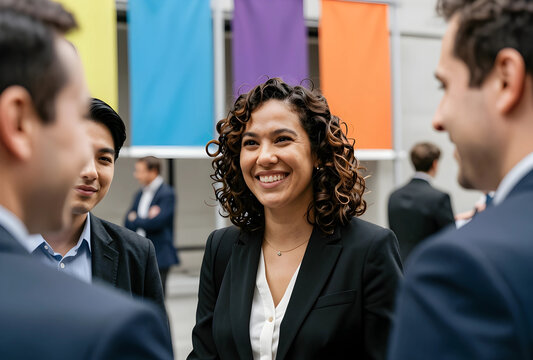 Smiling businesswoman in outdoor networking event