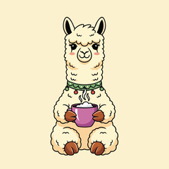 Obraz premium Cute Llama Holding a Steaming Coffee Cup