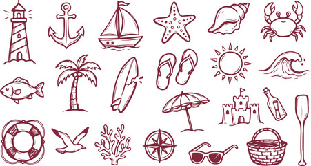 lighthouse anchor sail starfish fish crab doodle icons for coastal living concept © Tahara