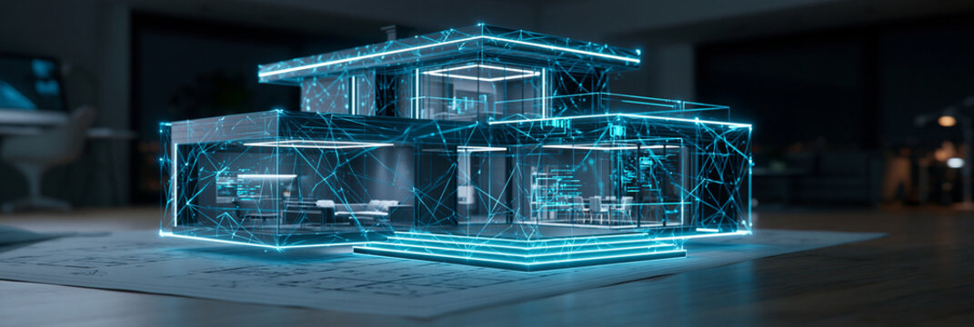 Futuristic digital house model glowing with blue lines in a modern interior setting.