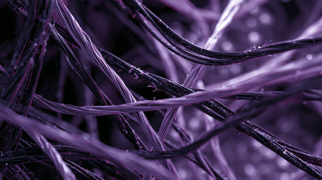 Abstract close-up of intertwined purple cables and fibers creating a dynamic texture.