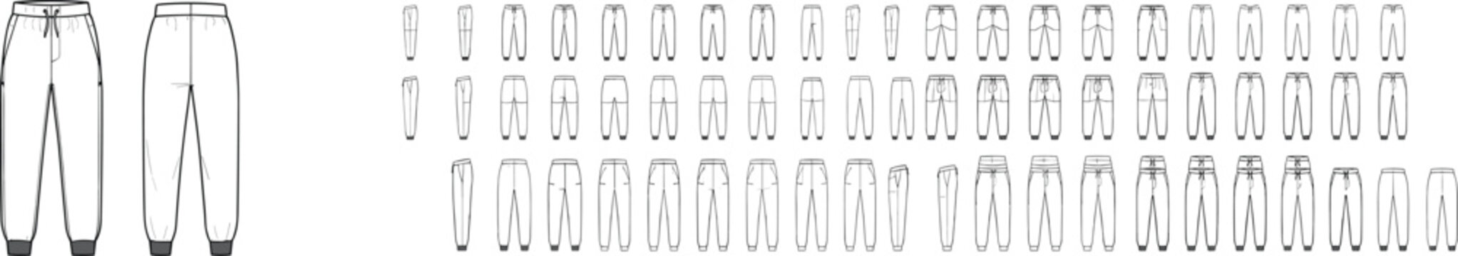 Technical Drawings of Pants and Trousers with Detailed Variations flat sketch