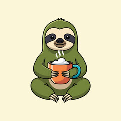 Fototapeta premium Cute sloth holding steaming coffee cup sitting down