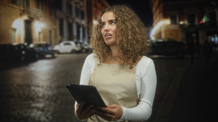 Woman with curly hair holding tablet with both hands, fingers on screen, standing on cobblestone street at night  late night concern. © Krakenimages.com