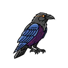 Obraz premium Cybernetic raven with glowing circuit wings perched