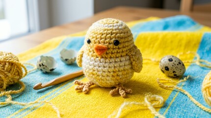 Obraz premium Detailed macro shot of handcrafted crochet baby chick on vivid bright surface for spring holiday crafting theme Detailed macro shot handcrafted crochet baby chick vivid bright surface