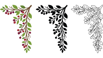 Autumn berry branch corner design. Decorative floral border element with leaves and berries. © @ahmedmaynul