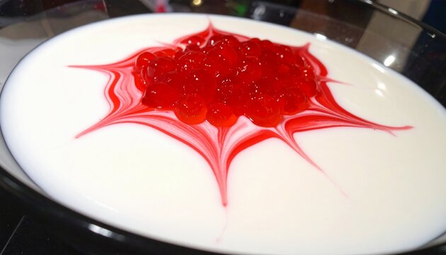 Dessert with Red Tapioca Pearls in White Creamy Sauce