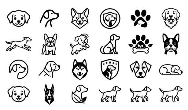  Cute dogs faces breeds silhouettes and puppy paw prints outline icons vector illustration collection