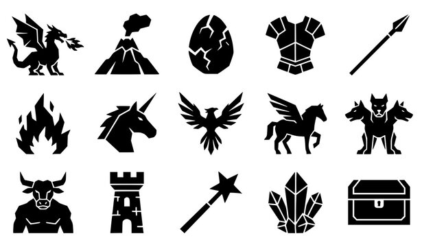  Mythological fantasy creatures dragon unicorn pegasus castle weapons black silhouette icons vector illustration pack
