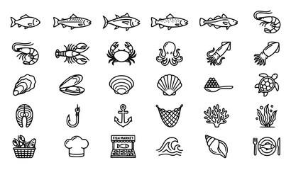 Fresh seafood restaurant menu items delicious fishes crabs shells doodle line art icons vector set © Prosanto