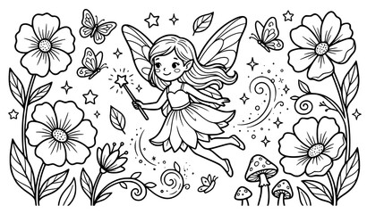 পরী ও ফুলের বাগান): Cute fairy godmother with magic wand in flower garden coloring page for children illustration © Prosanto