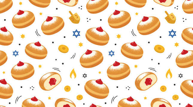 Hanukkah Sufganiyot Seamless Pattern with Jelly Doughnuts, Dreidel, Star of David, and Holiday Symbols on White Background Vector Design