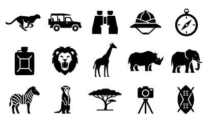  African safari wild animals silhouettes and jungle travel gear black shapes vector icons collection © Prosanto