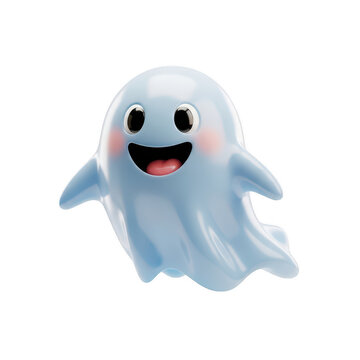 Happy 3d ghost character with open mouth and rosy cheeks floating on transparent background for halloween and spooky decor.