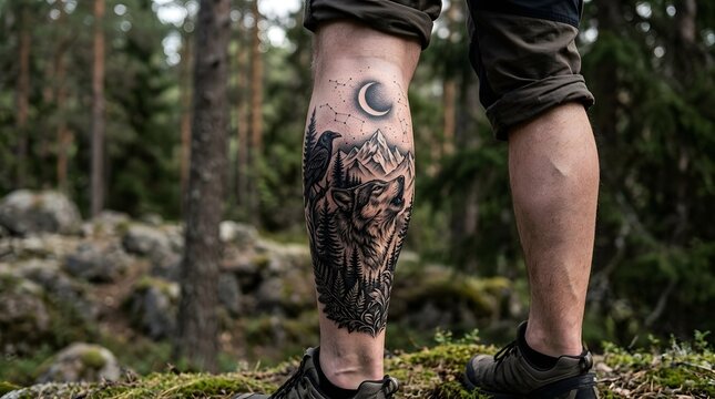 Person with detailed leg tattoo standing in a forest setting