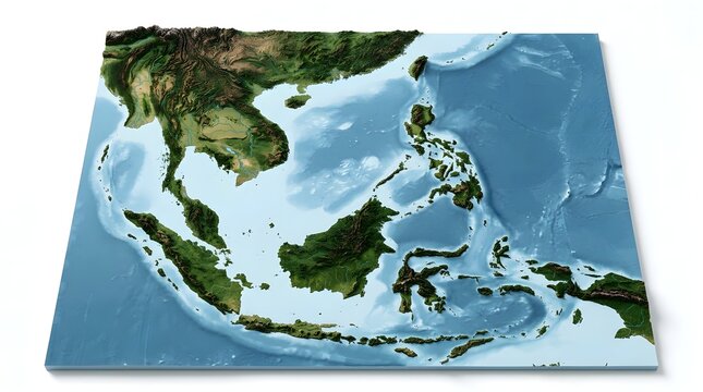 3D Topographic Map of Southeast Asia Region with Ocean Relief