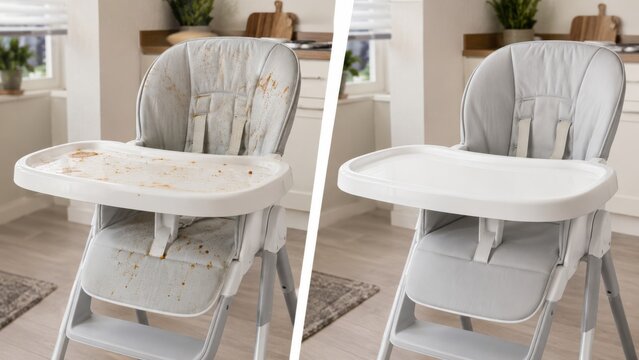 Dirty high chair after snack versus clean child seat ready for next meal