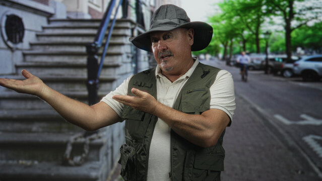 Man fisherman wearing hat and fishing vest gesturing with open hands and smiling by stone steps on a city street; friendly welcome.