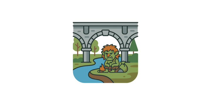 Cute cartoon green troll character sitting by the riverbank under a stone bridge.