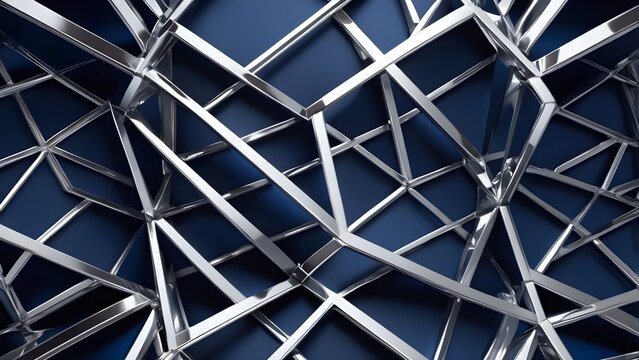 Abstract metallic geometric grid pattern on dark blue background, modern technological structure, futuristic wireframe design