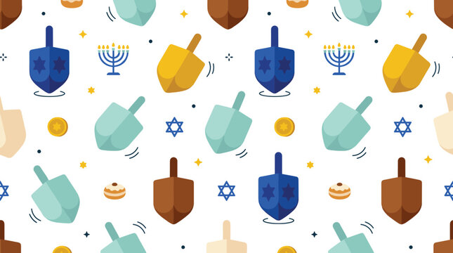 Hanukkah Seamless Pattern with Dreidels, Menorah, Star of David, Coins, and Sufganiyot on White Background Vector Design