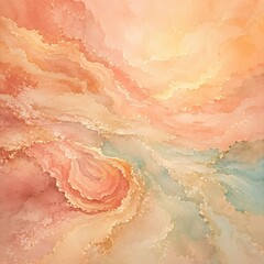 Fototapeta premium Coral dusk abstract watercolor background with peach teal and gold accents