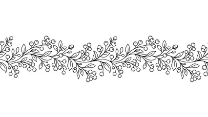 Autumn berry branch seamless border. Decorative floral line art for seasonal design. © Mahraz