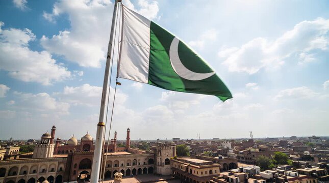 Pakistan Flag Flying Above Historic Mosque and City