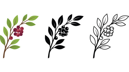 Autumn berry branch icons. Set of seasonal forest fruit illustrations in various styles. © @ahmedmaynul