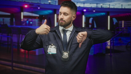 Man detective displaying badge with thumbs up and thumbs down gesture in a nightclub  duty uncertainty. © Krakenimages.com