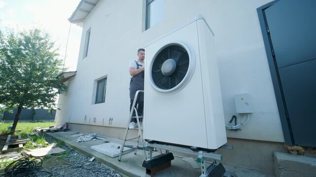 HVAC technician on a ladder installing a large outdoor heat pump unit on a modern house wall.