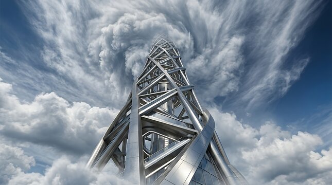 Ascending metallic structure reaching toward stratospheric cloud formation conceptual portrayal of professional achievement and ambition in digital rendering  Ladder Cloud Success Concept