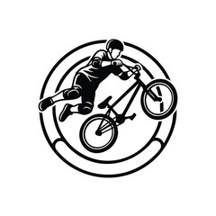 Obraz premium Action Illustration of a BMX rider performing a tailwhip trick in a circular emblem