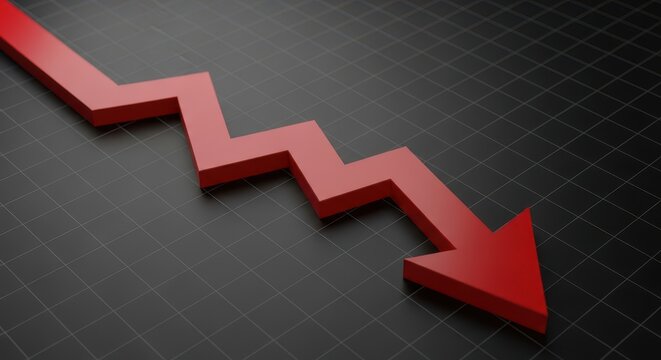 Red zigzag downward trend arrow on a dark grid background, representing financial market decline