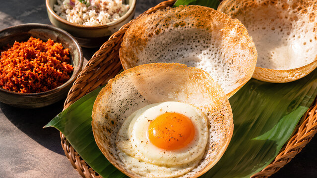 Traditional Sri Lankan egg hoppers and plain hoppers served in a cane basket with spicy lunu miris and pol sambol