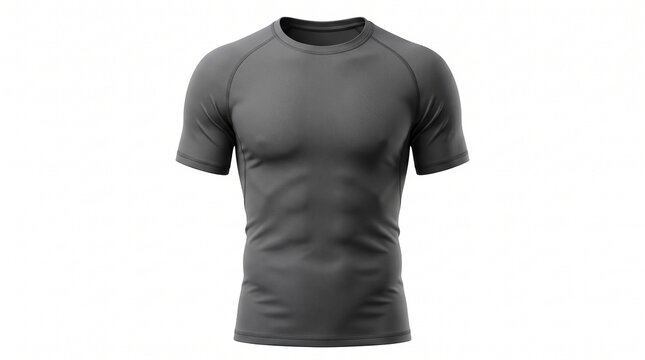 Dark grey athletic compression shirt featuring short sleeves and a tight fit design isolated on a clean white studio background