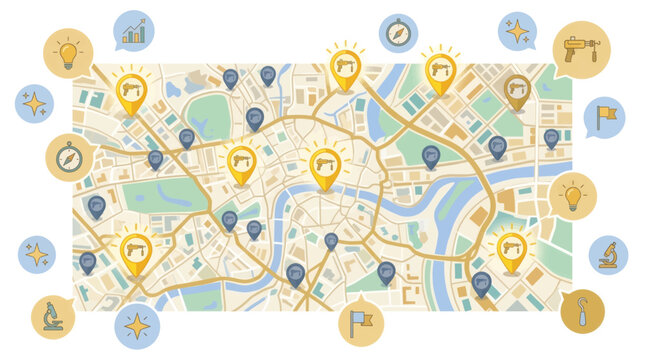 Interactive digital urban map featuring multiple navigation markers and various informative service location icons with representing diverse services