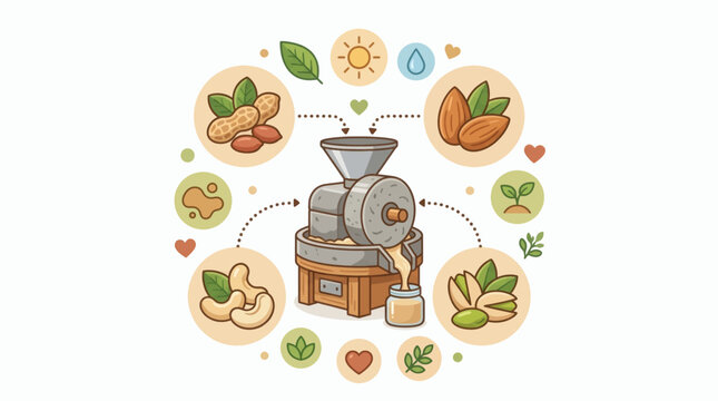 Artisanal nut butter production process illustration featuring natural ingredients and traditional stone milling equipment with displays illustrated infographic