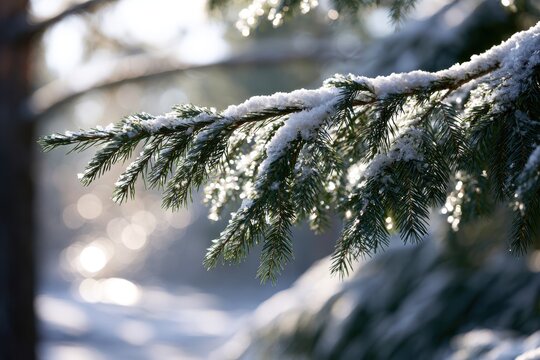 Snow-covered fir tree branch sparkling under soft sunlight in a serene winter forest with blurred background bokeh lights and gentle shadows