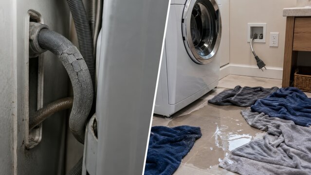 Old washing machine hose leading to laundry room leak